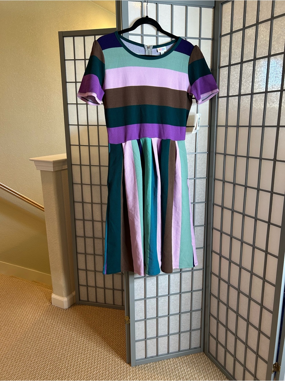NWT LuLaRoe Amelia Striped Fit & Flare Dress in Purple, Teal & Brown